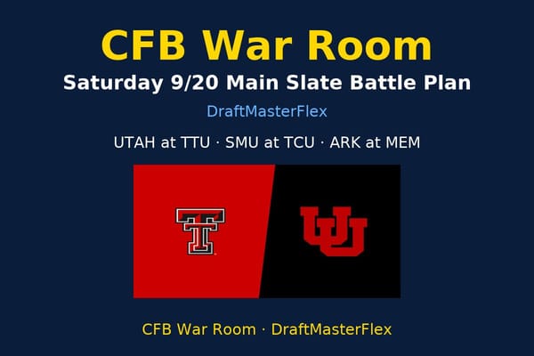 CFB DFS War Room - Week 4: Saturday 9/20 Main Slate Battle Plan